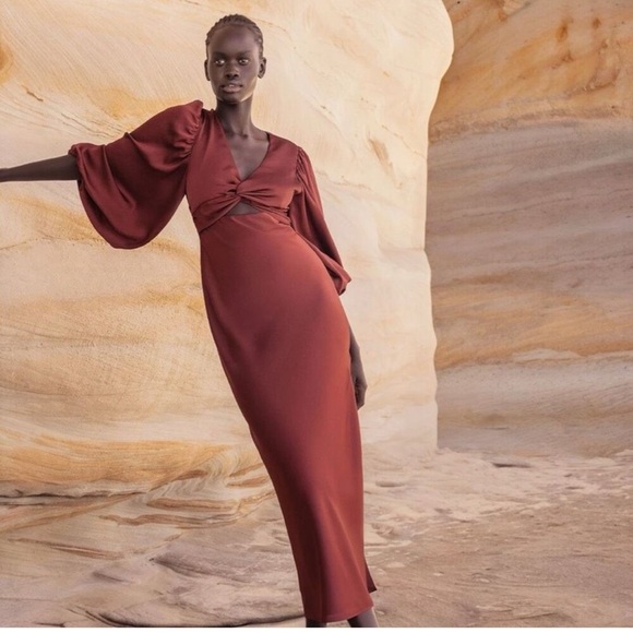 Shona Joy Luxe Twist Ballon Sleeve Cut Out Midi Dress Size US 8 Sangria - Picture 1 of 6